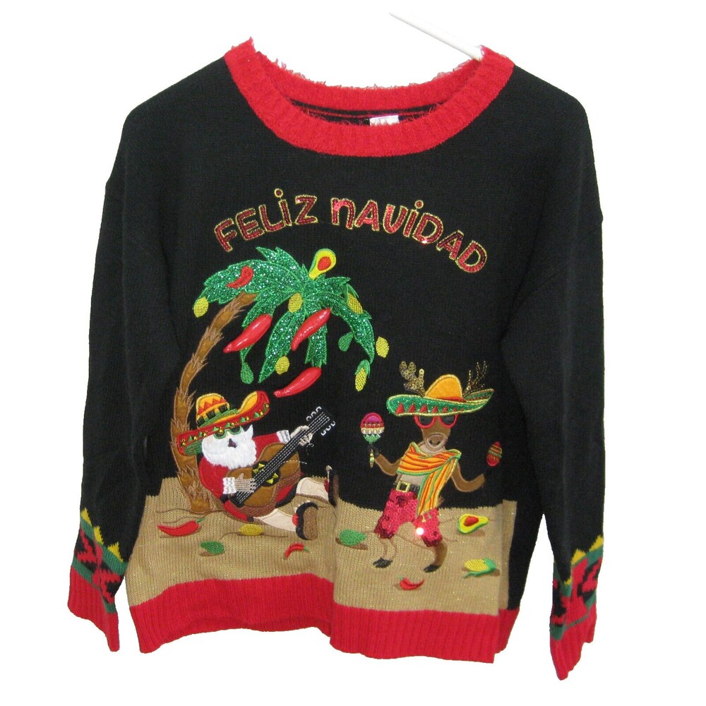Ugly Christmas Sweater Women's (Size Medium 8-10) Mexico Santa Chili Peppers Top
